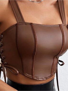 Brown Faux Leather Lace-Up Corset Crop Top